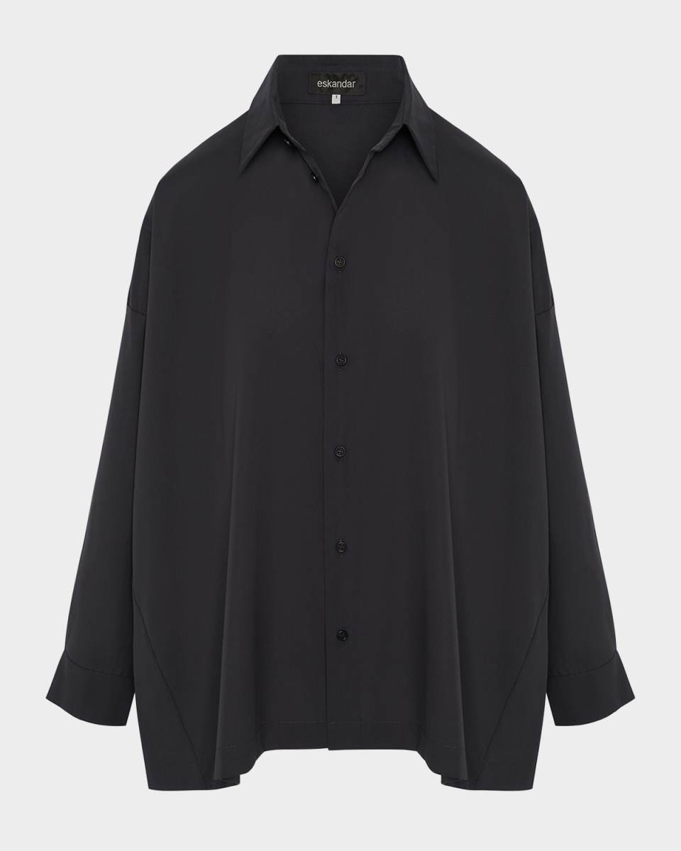 Cotton Poplin Angle-To-Front Side Seam Shirt With Collar (Long Length)